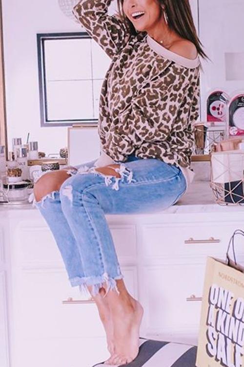 Leopard Print Color Long Sleeve T-shirt-Pinkami