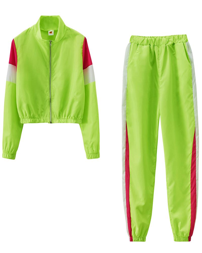 Colorblock Pocket Detail Zip Front Top & Pants Set-Pinkami