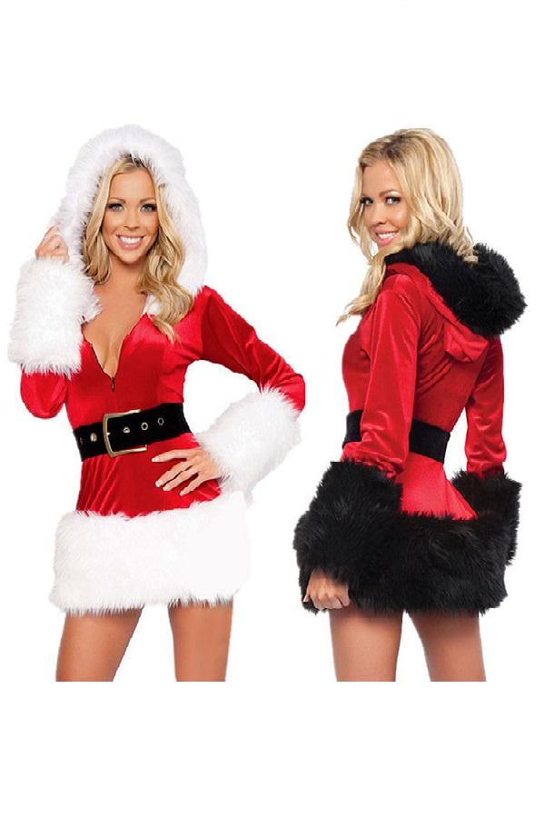 Hooded Santa Costume Sexy Mrs Santa Velvet Dress-Pinkami