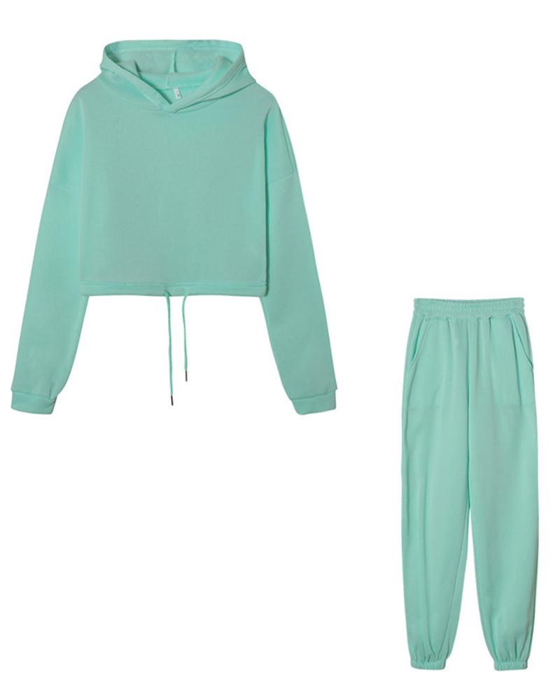 Solid Drawstring Elastic Hem Hooded Top & Pants Set-Pinkami