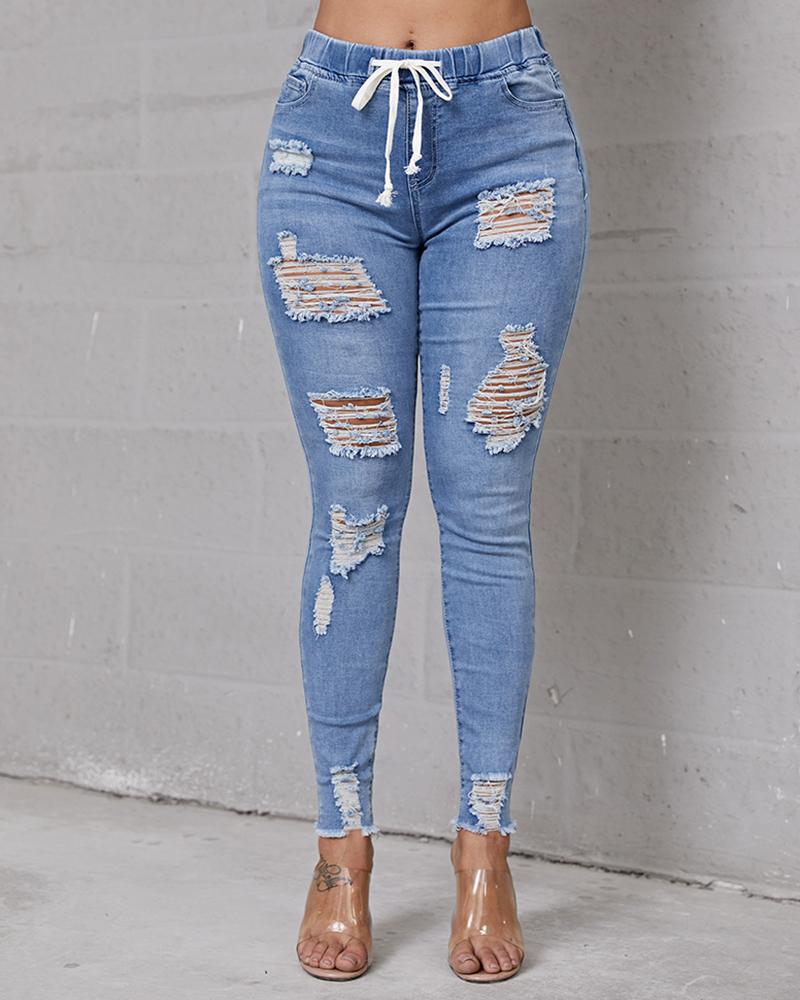 Women Plus Extreme Distressed Drawstring Waist Jeans-Pinkami