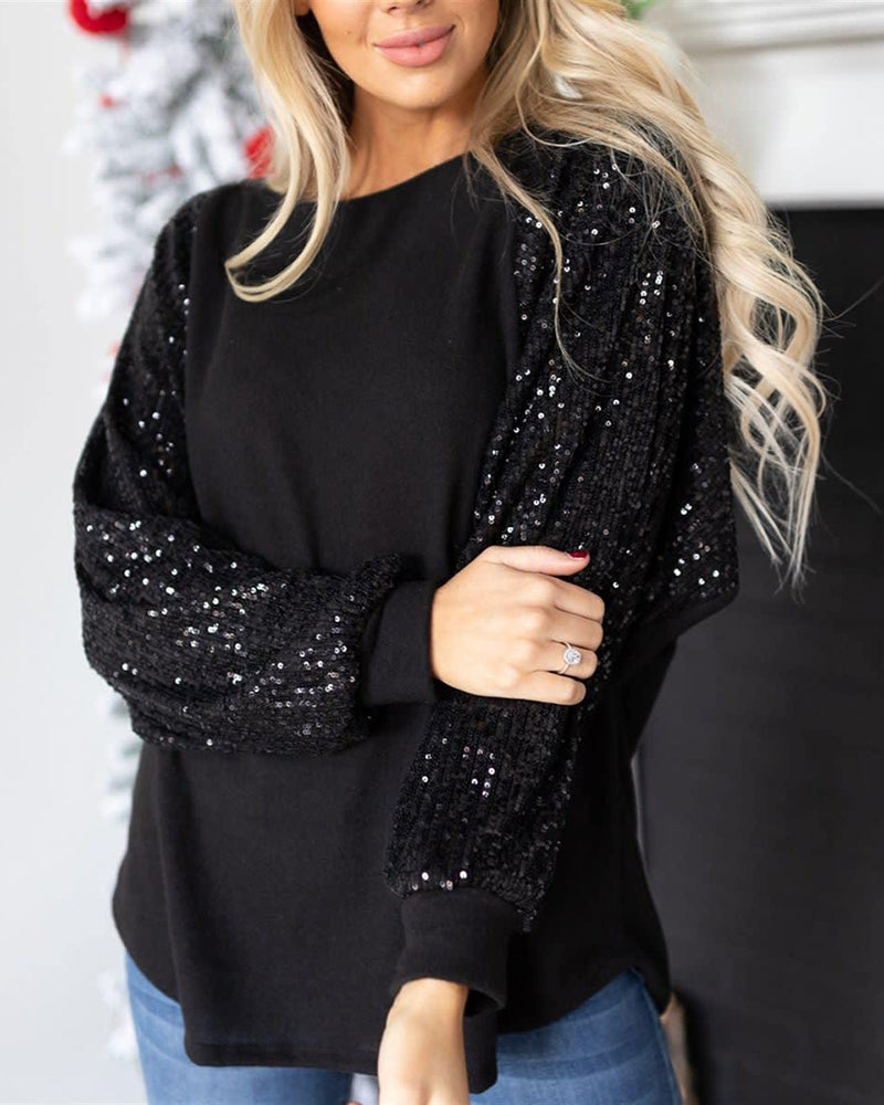 Solid Sequin Raglan Sleeve Oversized T-Shirt-Pinkami