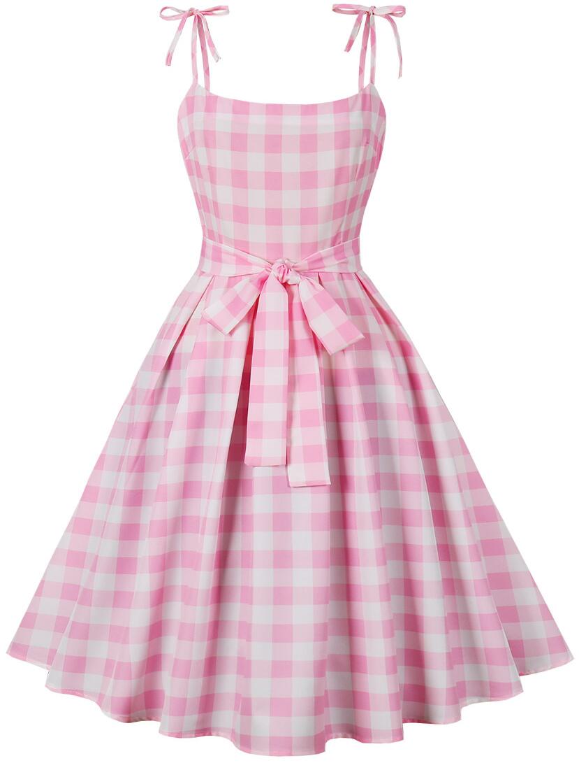 Barbie Pink Plaid Striped Skater Midi Dress