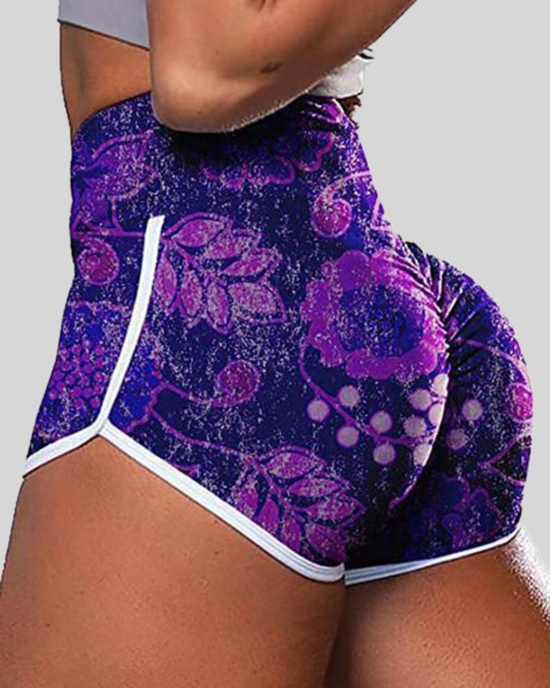 Allover Print Contrast Binding High Waist Sports Shorts-Pinkami