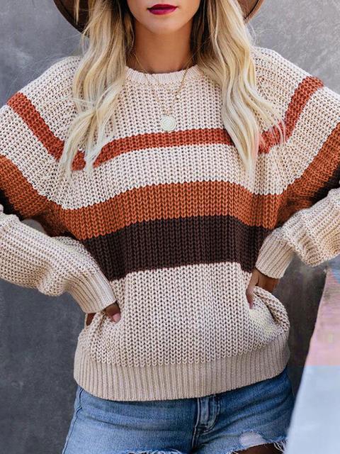 Striped Round Neck Pullover Sweater-Pinkami