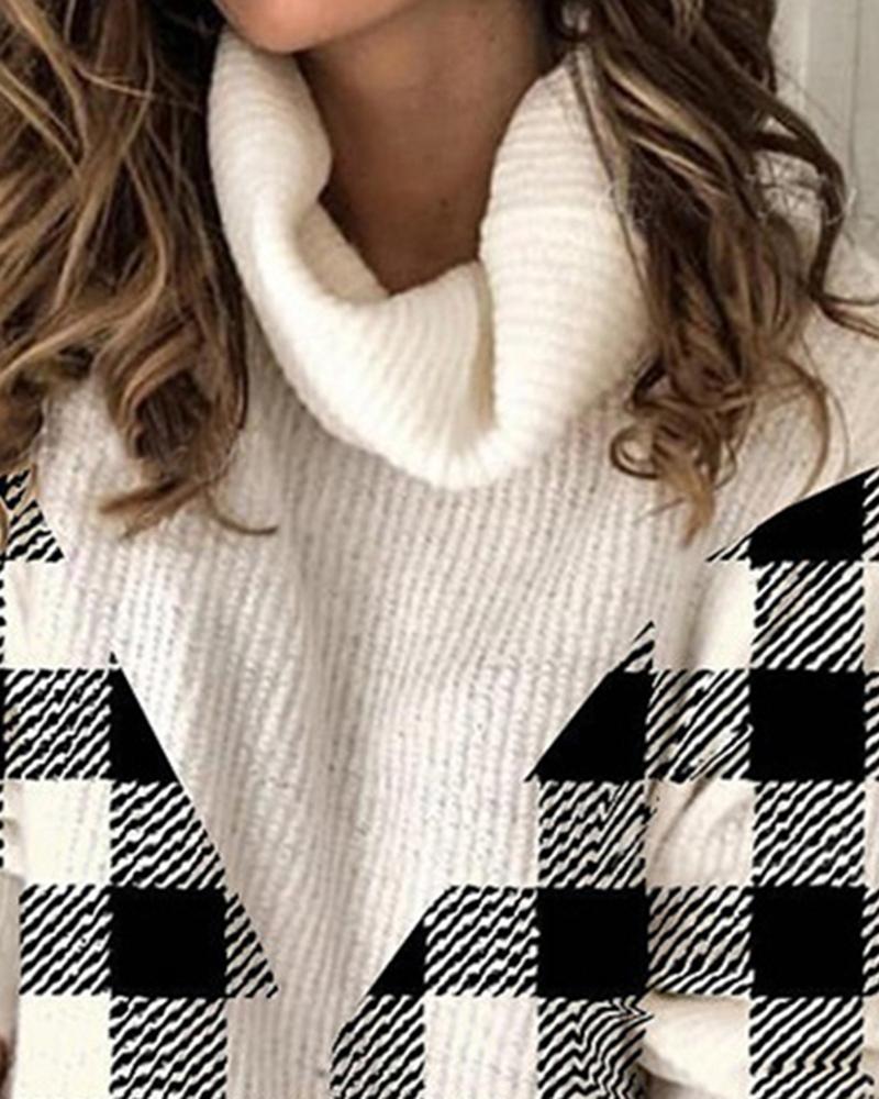 Tartan Print Beaded Decor Turtleneck Sweater-Pinkami