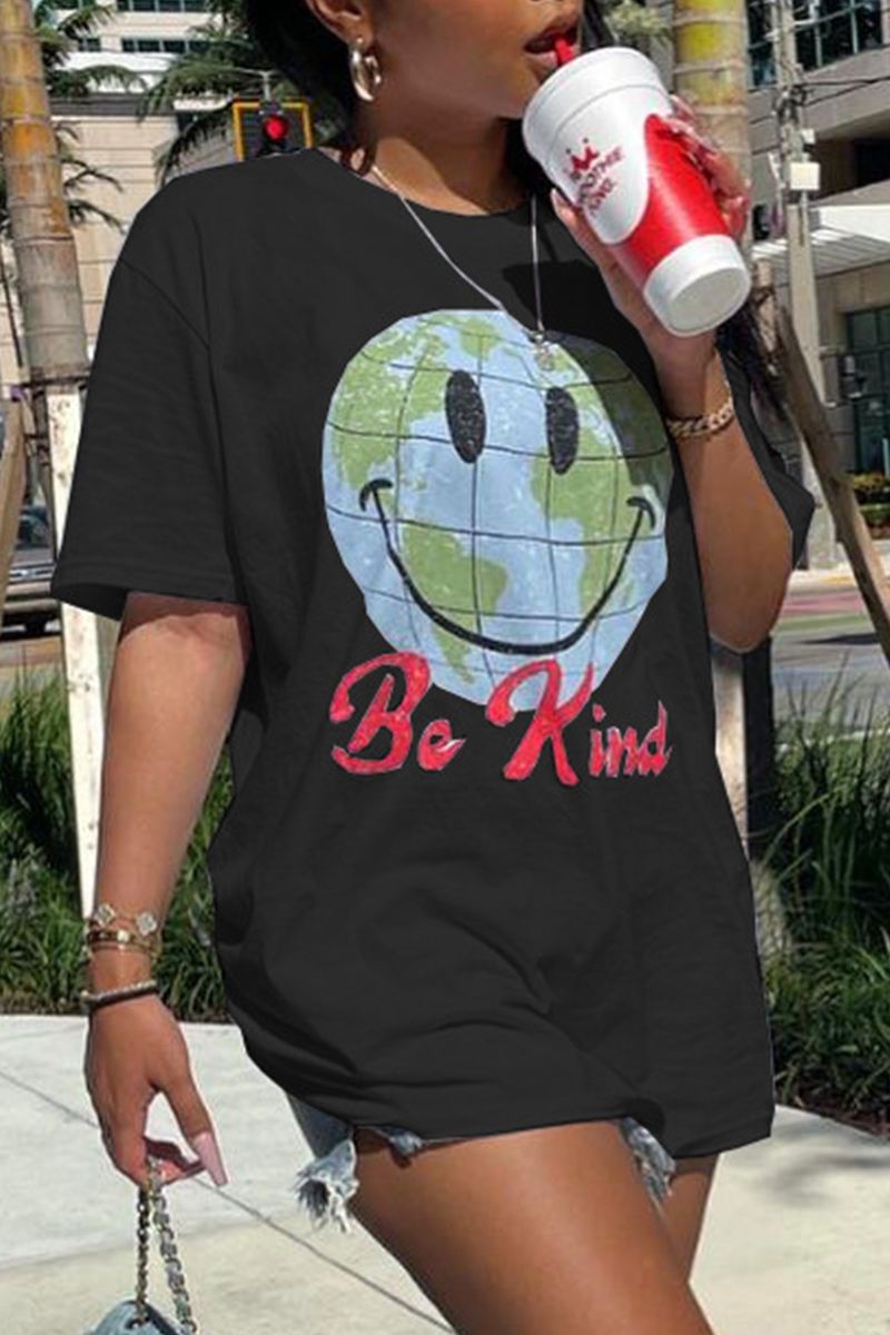 Smile Face & Letter Print Round Neck T-Shirt-Pinkami