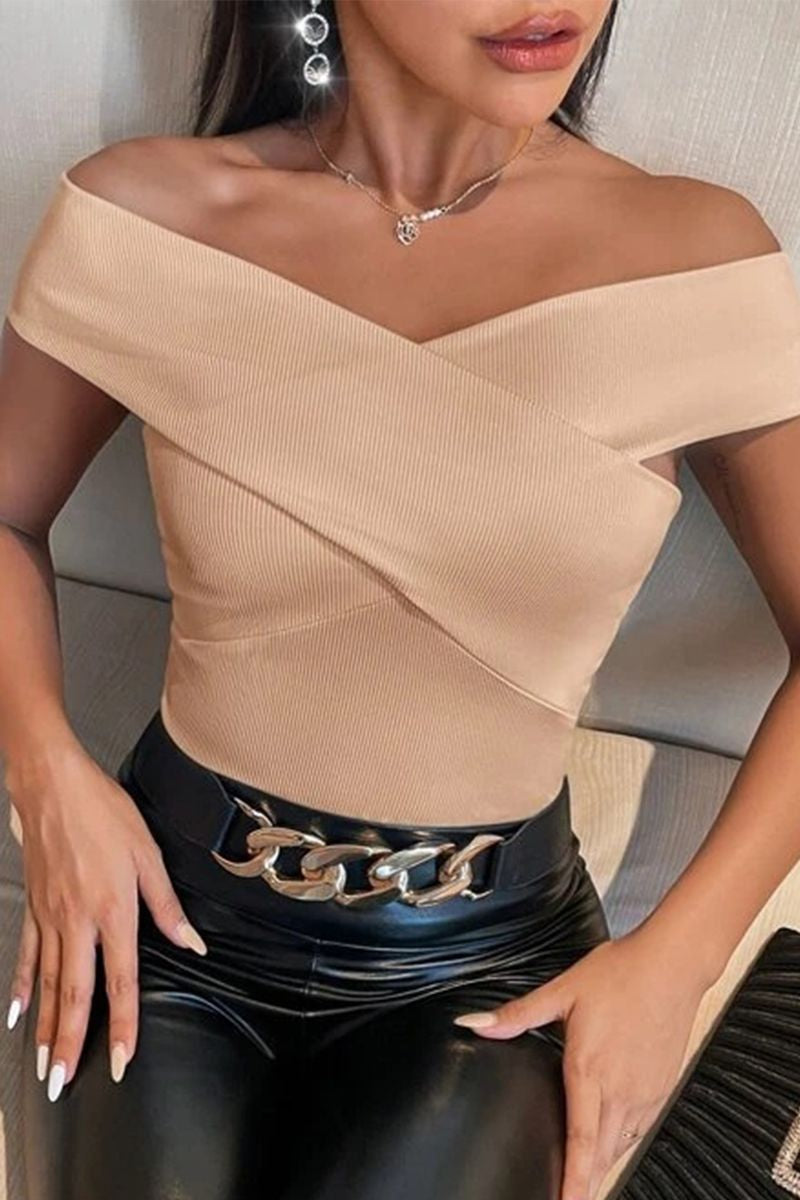 Solid Ribbed Criss Cross Off Shoulder T-Shirt-Pinkami