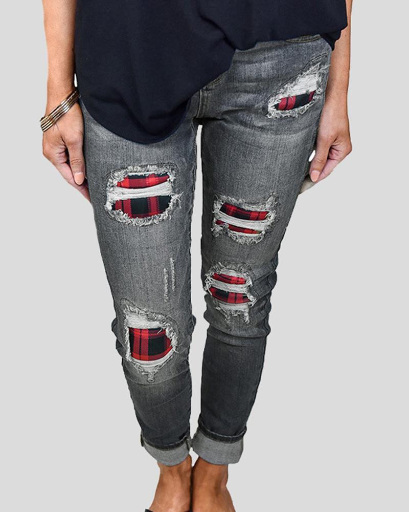 Women Plaid & Leopard Patch Insert High Waist Crop Jeans-Pinkami