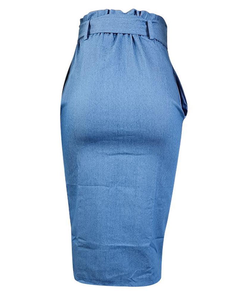Women Button Fly Belted Pocket Detail Split Hem Paper Bag Waist Skirt-Pinkami