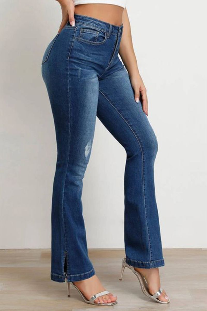 Split Hem Ripped Pocket Detail High Waist Flare Jeans-Pinkami