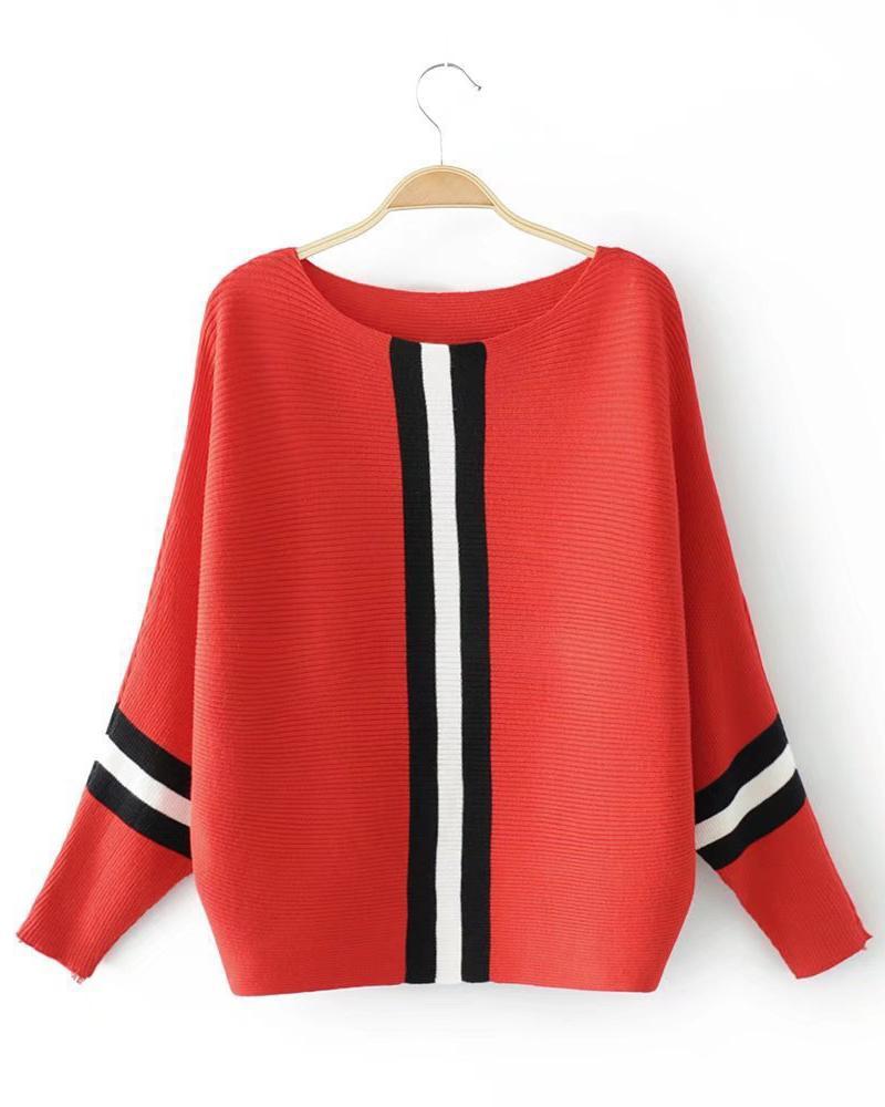 Striped Batwing Sleeve Rib-knit Sweater-Pinkami