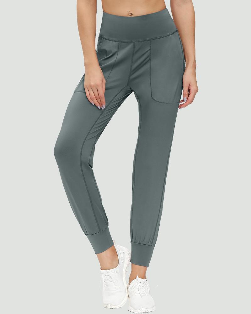 Slant Pocket Wide Waistband Elastic Hem Sports Leggings For Women-Pinkami