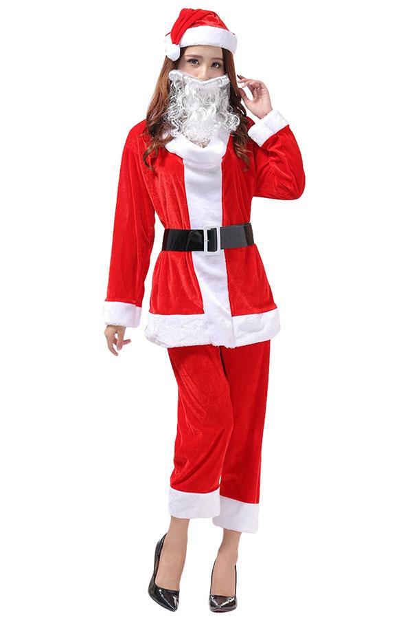 Womens Long Sleeve Top&Cropped Pants Christmas Santa Costume Red