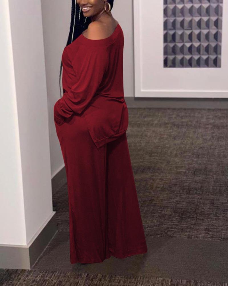 Solid Split Hem Boat Neck Top & Pants Set-Pinkami