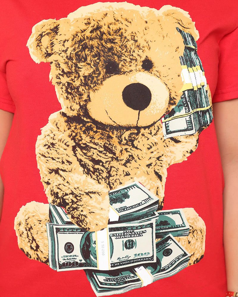 Bear & Dollar Print Round Neck T-Shirt-Pinkami