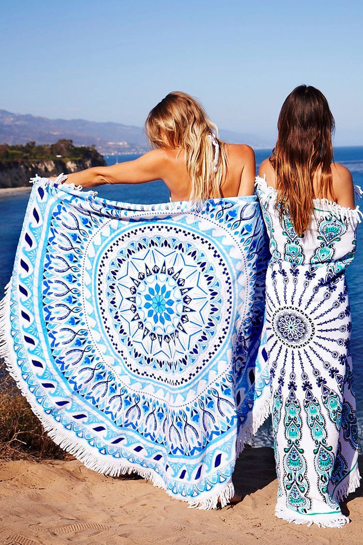 Fluffy Boho Floral Tassel Trim Beach Towel-Pinkami