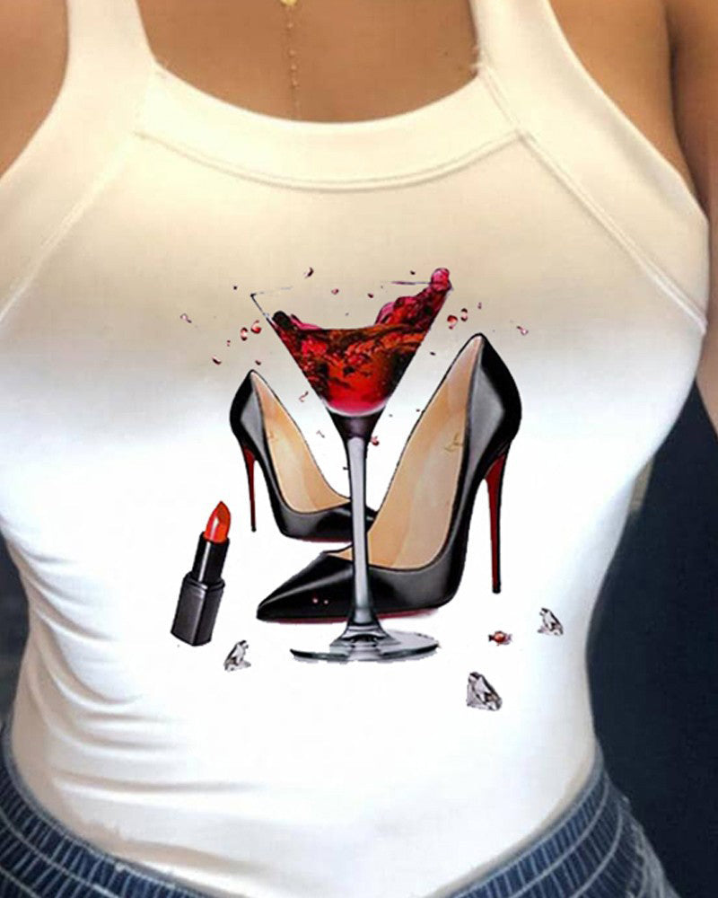 Graphic Print Form Fitted Sleeveless Tank Top-Pinkami