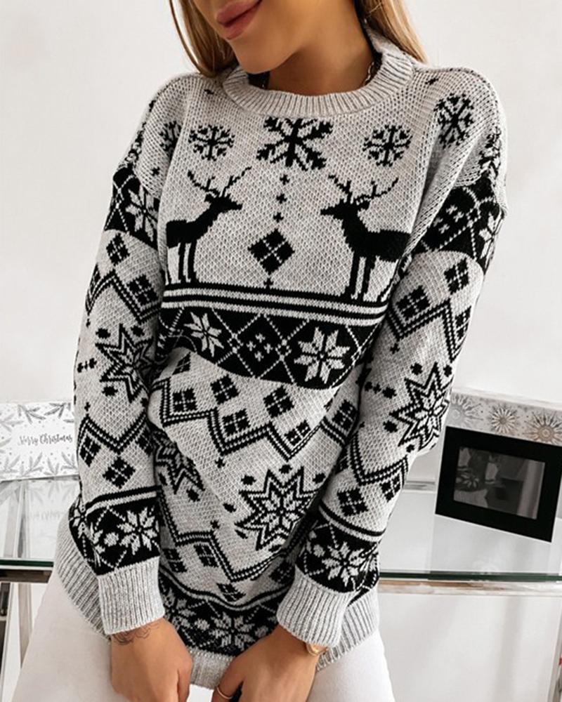 Christmas Print Contrast Binding Rib-Knit Round Neck Sweater-Pinkami