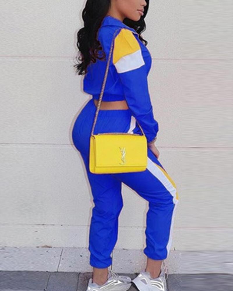 Colorblock Pocket Detail Zip Front Top & Pants Set-Pinkami