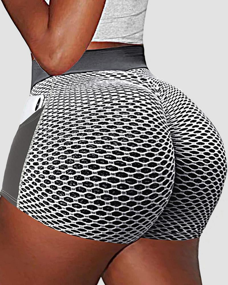 Colorblock Textured Pocket Detail Overlap Waist Sports Shorts-Pinkami