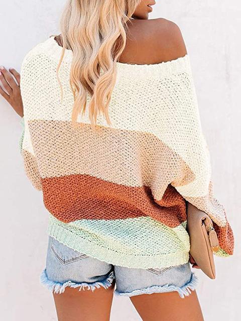 Color Block Off-shoulder Lightweight Sweater-Pinkami