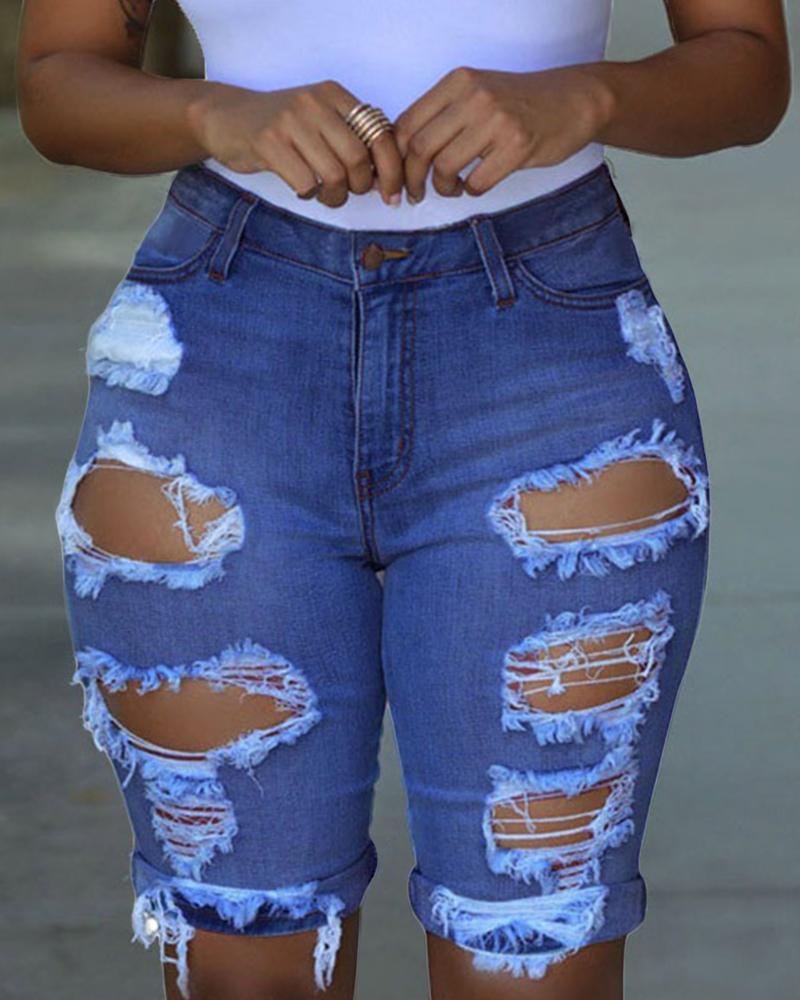 Women Extreme Distressed Roll Up Hem Denim Shorts-Pinkami