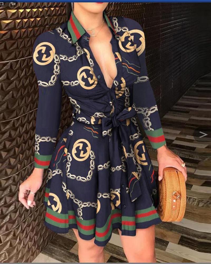 Mixed Print Buttoned Long Sleeve Ruffles Dress