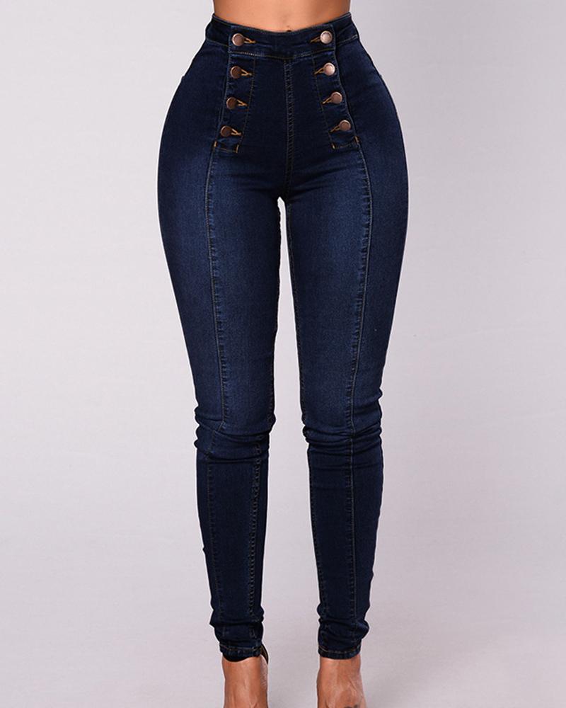Women Double Button Fly Low Waist Skinny Jeans-Pinkami