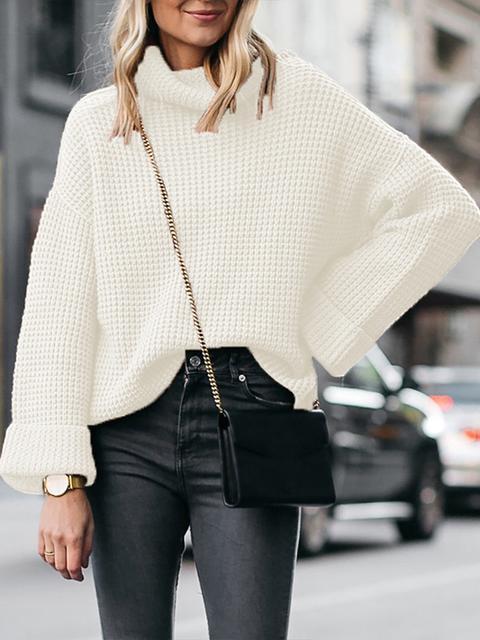 Solid Turtleneck Knitting Loose Sweater-Pinkami