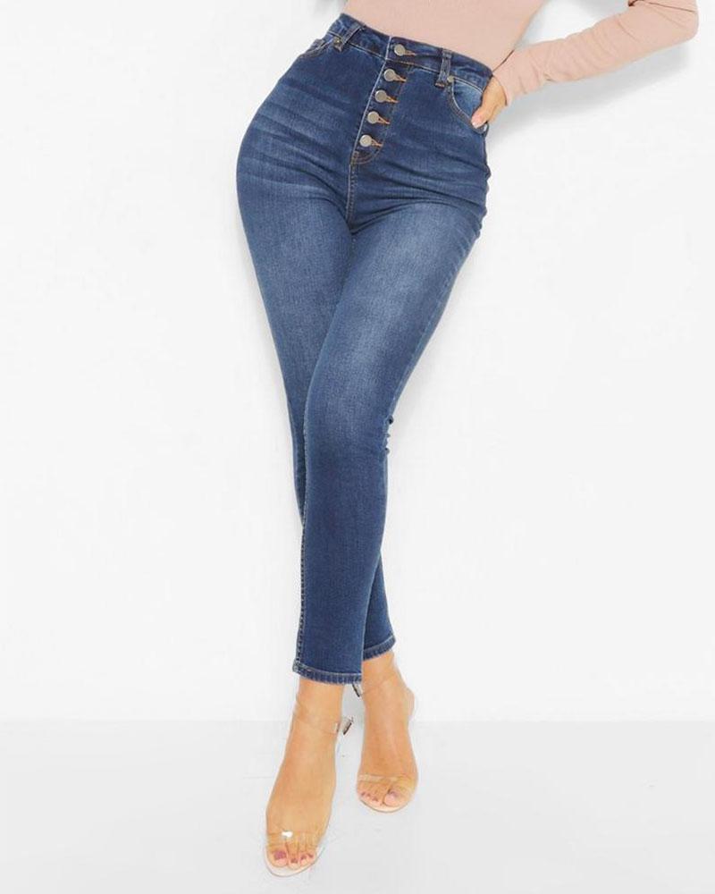 Women High Waisted Button Front Skinny Jeans-Pinkami