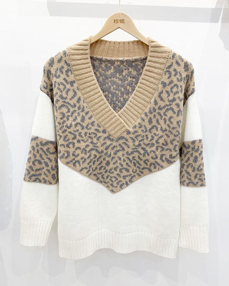 Colorblock Leopard Print Overlap Collar Sweater-Pinkami