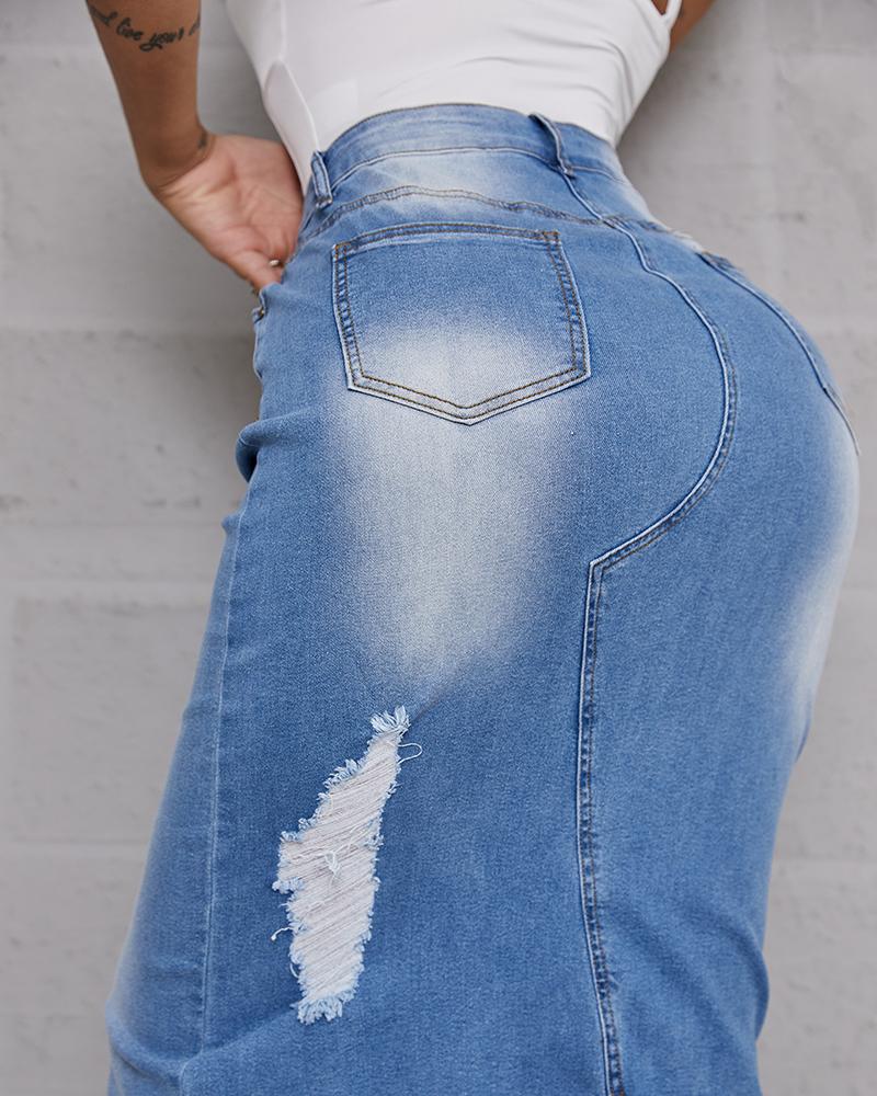 Women Split Side Raw Hem High Waist Denim Skirt-Pinkami