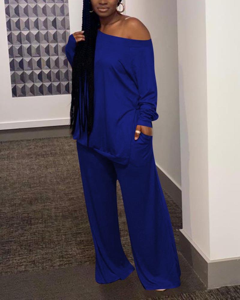 Solid Split Hem Boat Neck Top & Pants Set-Pinkami