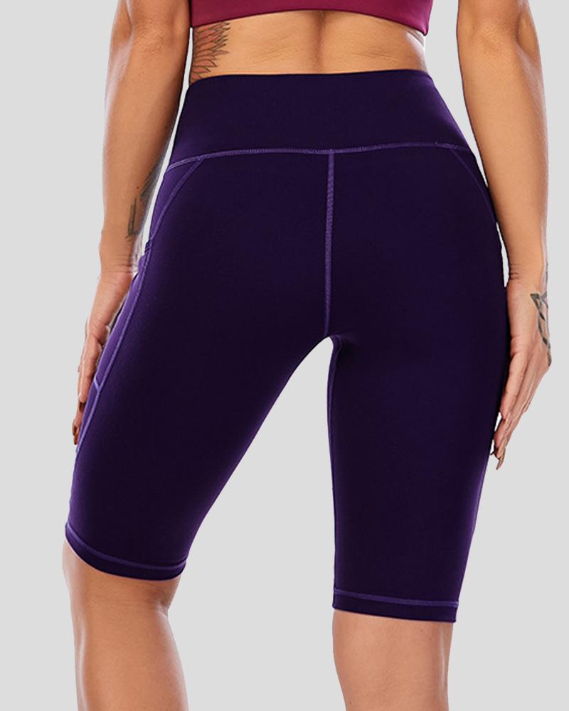 Contrast Stitch Pocket Decor Wide Waistband Sports Shorts-Pinkami