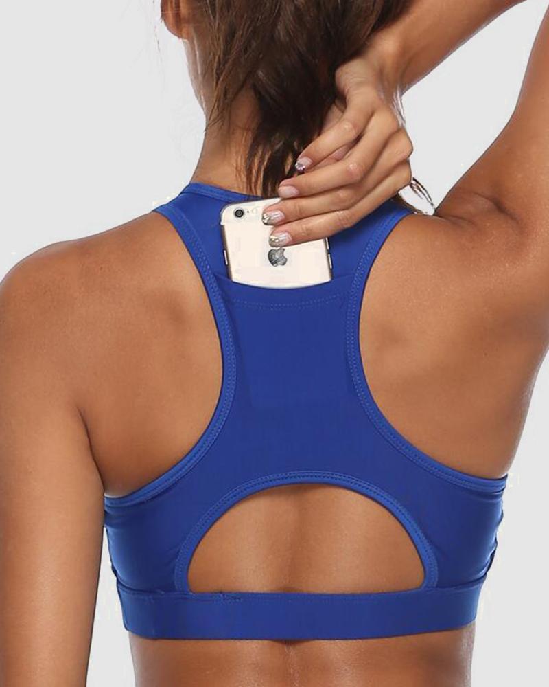 Pocket Decor Cutout Racerback Sports Bra-Pinkami