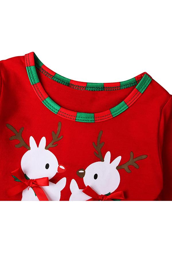 Cute Long Sleeve Kids Girls Christmas Reindeer Print Dress Red-Pinkami
