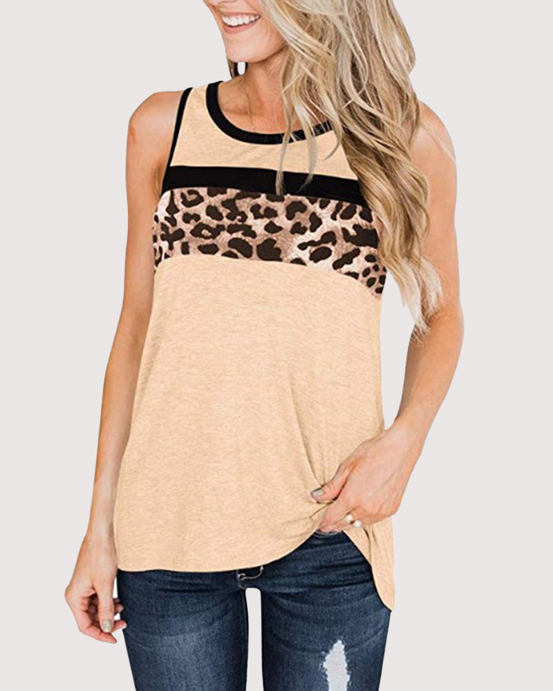 Leopard Contrast Binding Tank Top-Pinkami
