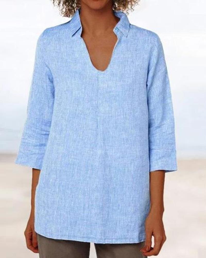 V Neck Collared Linen Top-Pinkami