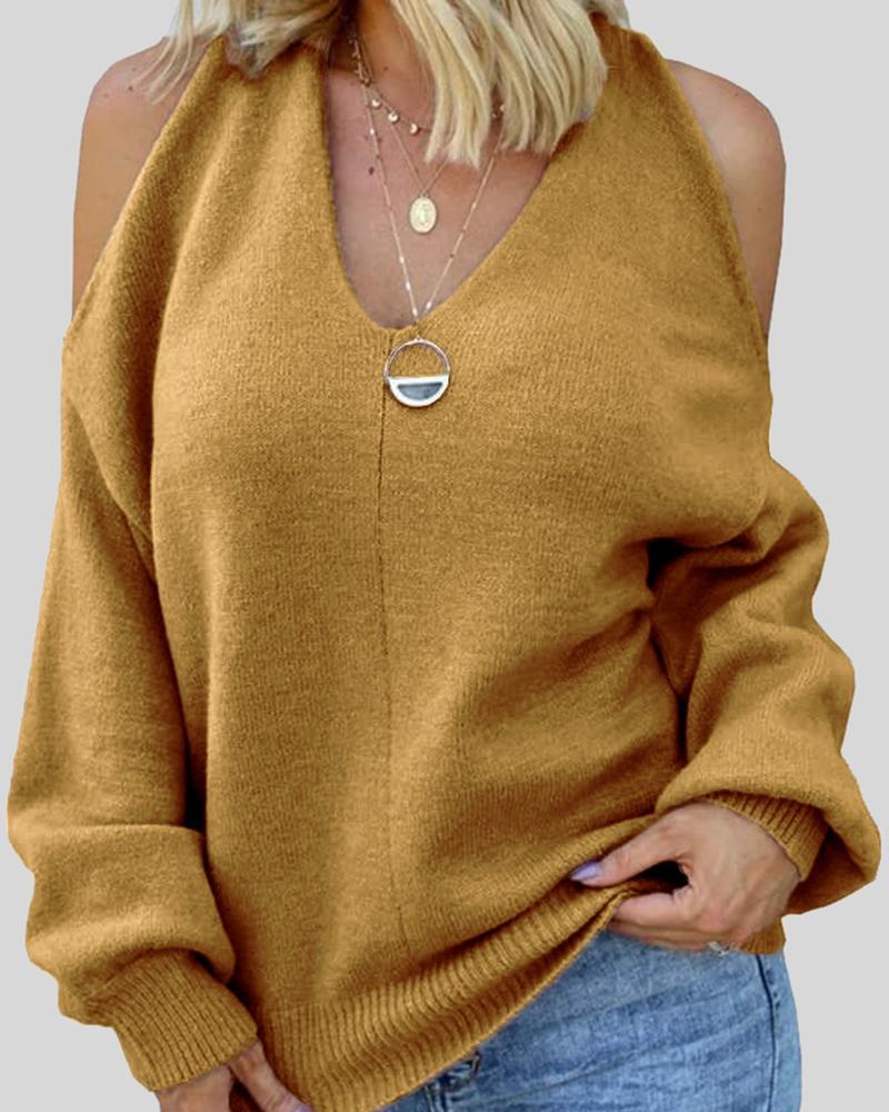 Solid Cold Shoulder Rib Knit Sweater-Pinkami