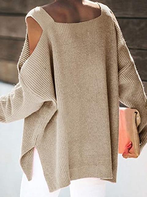 Solid Color Cold shoulder Knit Sweater-Pinkami