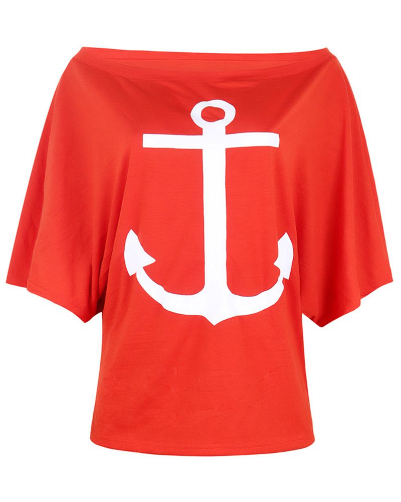 Anchor Print Half Sleeve Off Shoulder T-Shirt-Pinkami