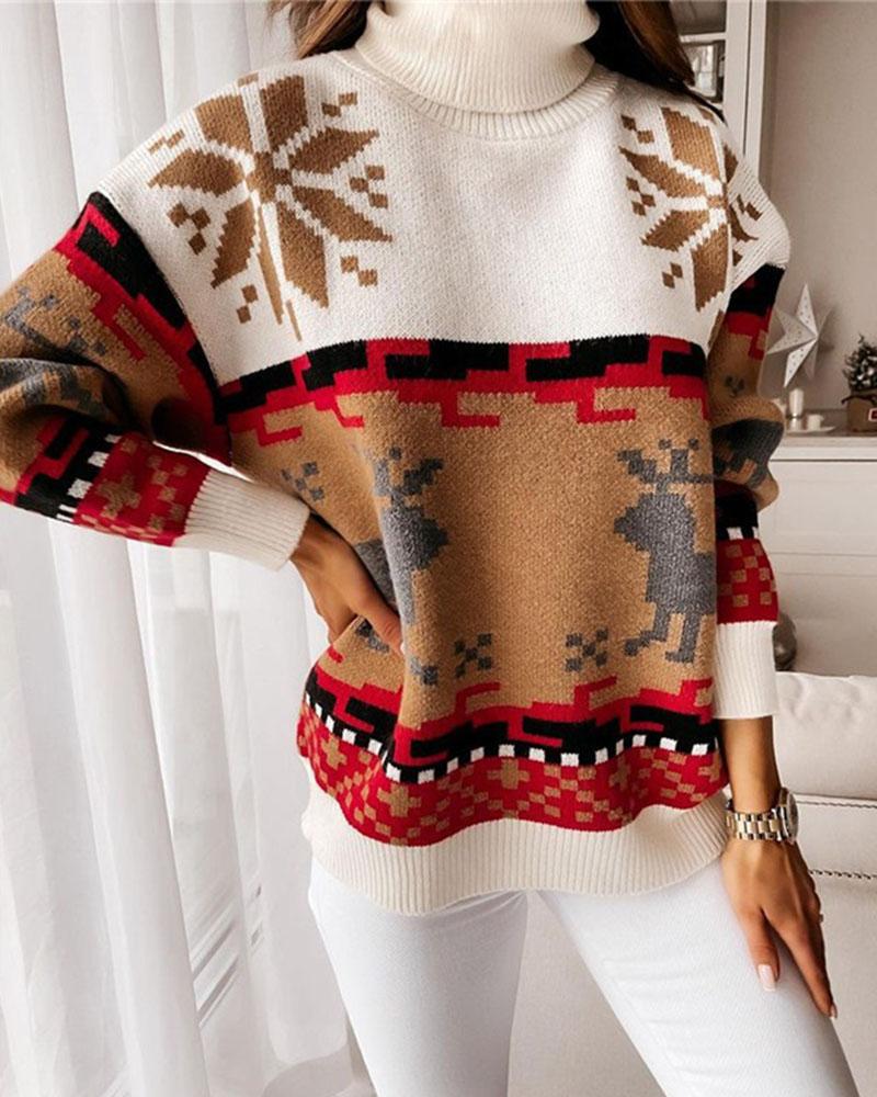 Colorblock Christmas Print Turtleneck Sweater-Pinkami