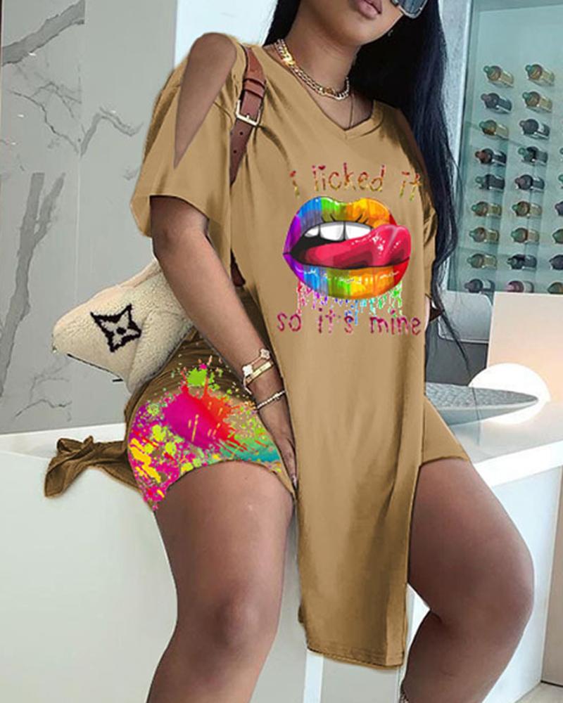 Letter & Graphic Print Split Hem Top & Pants Set