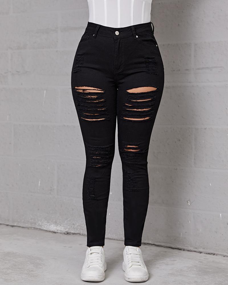 Women Hollow Out Distressed Skinny Jeans-Pinkami