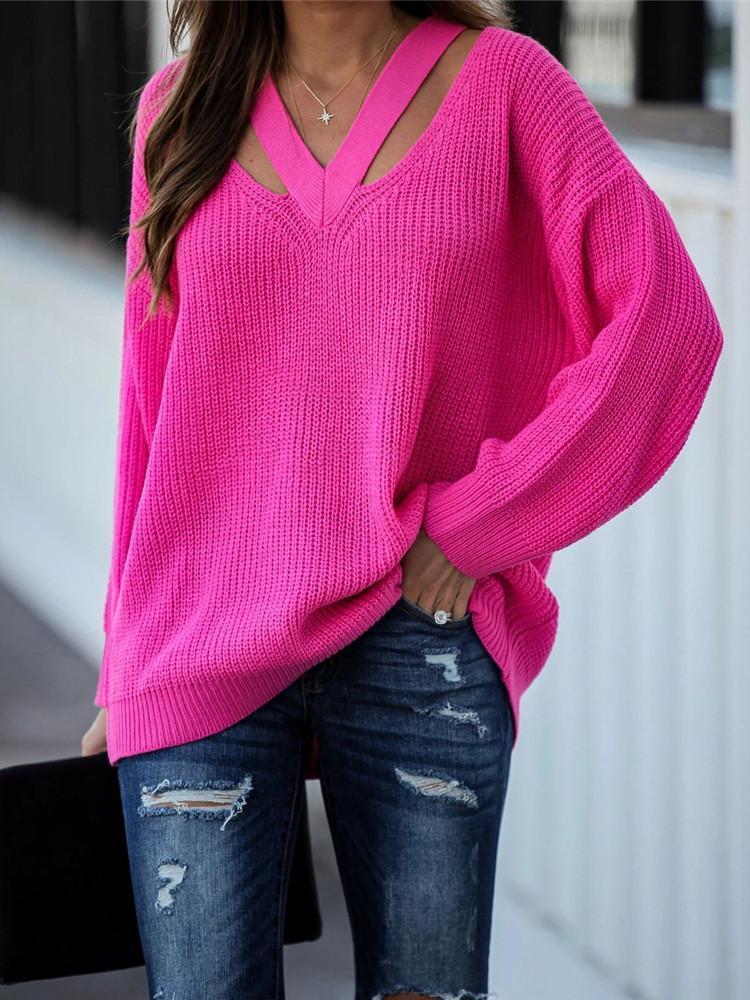 V-neck Solid Loose Sweater-Pinkami