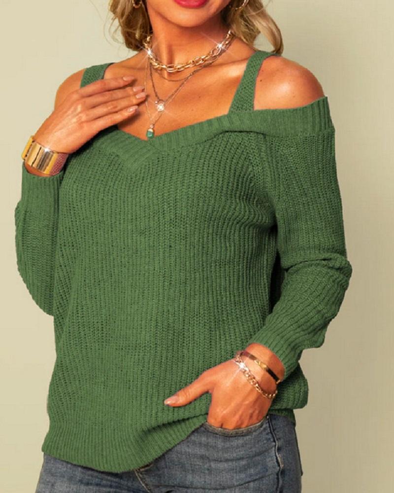 Rib-Knit Cut Out Cold Shoulder Sweater-Pinkami