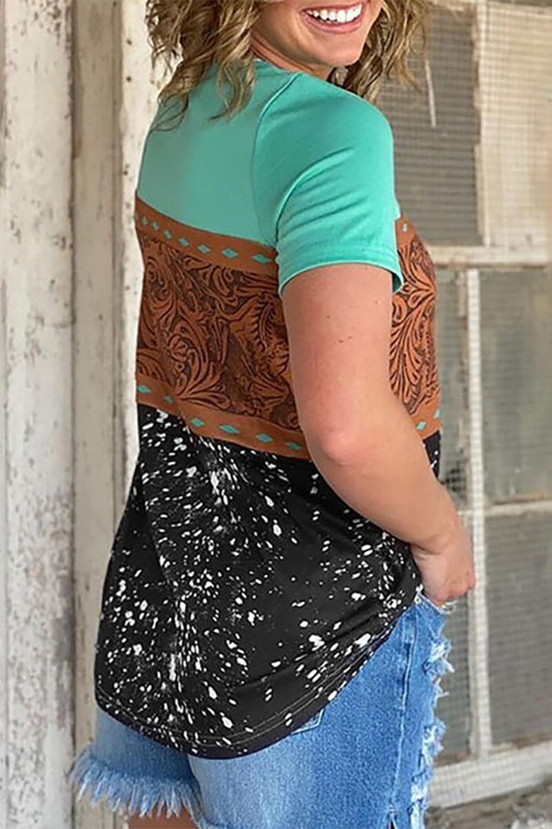 Tribal & Leopard Print Round Neck T-Shirt-Pinkami