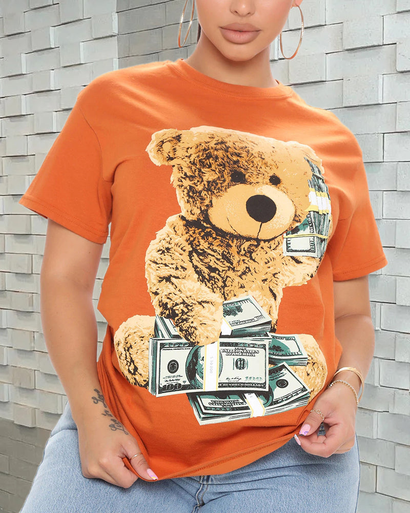 Bear & Dollar Print Round Neck T-Shirt-Pinkami