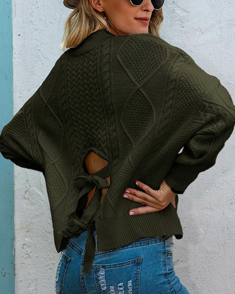 Cut Out Self-Tie Split Hem V Neck Sweater-Pinkami